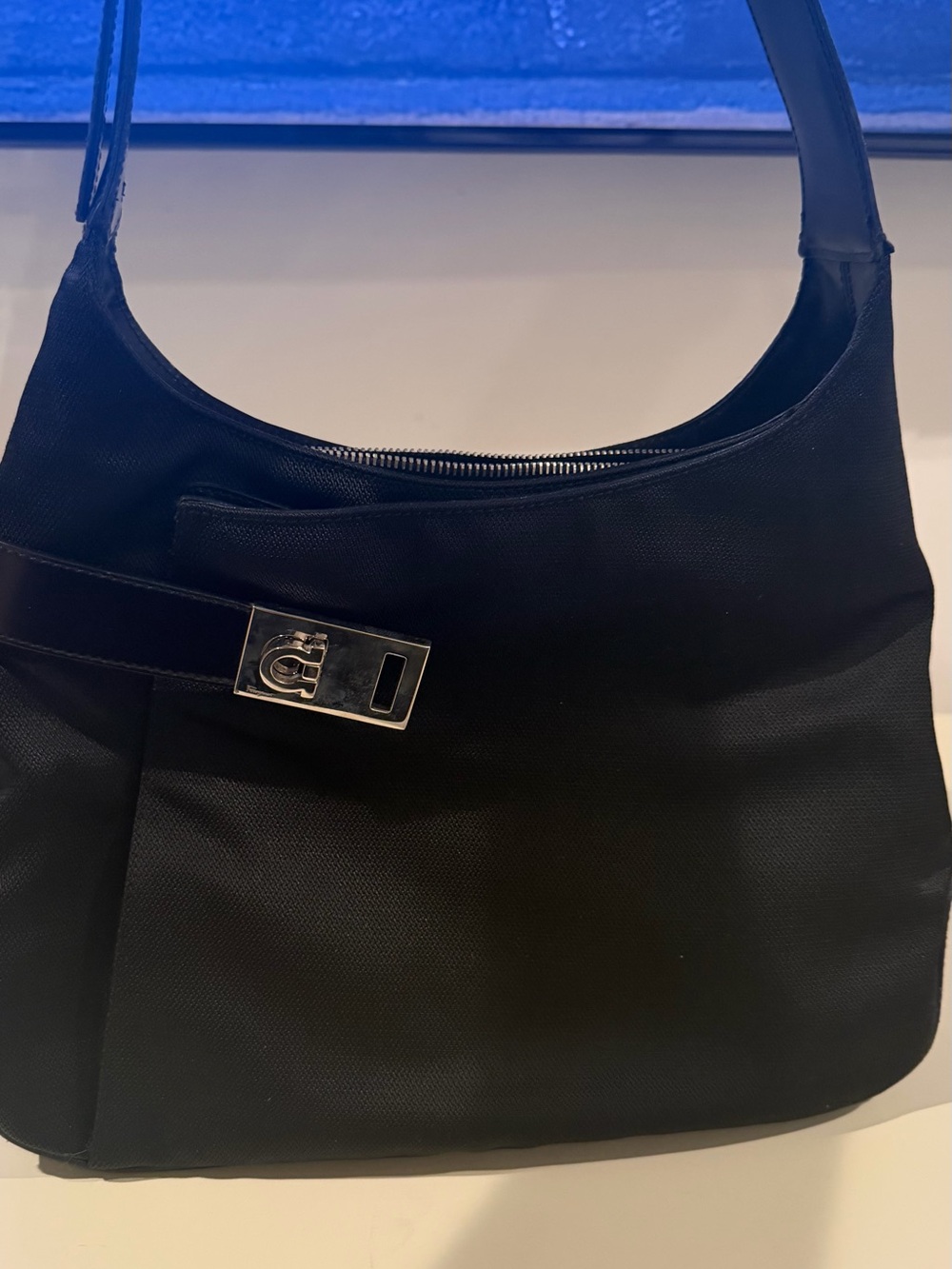 Salvatore Ferragamo Black Shoulder Bag with Silver Buckle Detail